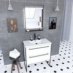 AURLANE Pack Meuble de Salle de Bain 80x50cm Blanc - 2 tiroirs - Vasque Blanche et Miroir Noir Mat