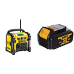 DEWALT DCR020-GB XR Compact FM/DAB+ Radio & DEWALT DCB182-XJ 18V XR Lithium-Ion Battery, Black/Yellow, 4.0Ah