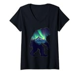 Womens Bigfoot in the Forest Sasquatch Yeti Aurora V-Neck T-Shirt