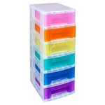 Really Useful Plastic Storage Box Slimline Storage Tower 6x3.5 Litre Clear Frame with Rainbow Drawers