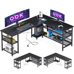 ODK Bureau Gaming en L avec Design Réversible, Bureau avec Grand Espace de Rangement, Bureau d'angle Noir avec 2 Prises et 2 Ports USB, 168×120cm