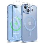 ORETECH Coque Magnétique pour iPhone 15, Translucide Mat Arrière Coque pour iPhone 15 avec 2 Verre Trempé et 1 Caméra Protecteur,Coque Antichoc pour iPhone 15 Compatible Mag-Safe 6.1" Bleu Sierra