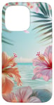 iPhone 14 Pro Max Palm Tree Hibiscus Sunset on the Beach Light Blue Case