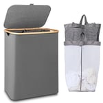 iEGrow Laundry Basket 2 Compartments 150L, Large Washing Baskets for Laundry with Removable and Washable Inner Bags, Laundry Hamper with Lid and Handle for Bedroom Laundry Room Bathroom (Grey)