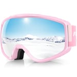 Findway Masque de Ski, Lunette de Ski pour Homme Femme Adulte, Masqué Ski OTG pour Ski et Snowboard Anti-buée, Anti-UV Rose Photochromique Lentille Sphérique