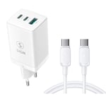 SiGN 65W hurtiglader for bærbar PC 2xUSB-C & 1xUSB med USB-C-kabel, 2m - Hvit