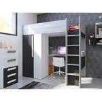 Vente-unique Lit mezzanine 90 x 200 cm avec armoire et bureau - Anthracite et blanc + matelas - NICOLAS II