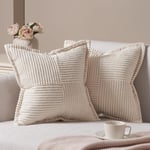 Housse Coussin Canapé 45x45 Taie Oreiller Lot de 2 en Velours Côtelé Beige à Motif Croisé Decoration Chambre Salon de Jardin Fauteuil Chaise Lit