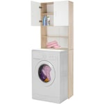 Meuble pour Machine à Laver 190x62,5 cm Blanc/Chêne Sonoma 2 Portes 2 Compartiments Ouverts Armoire Haute Salle de Bain Lave-Linge Sèche-Linge