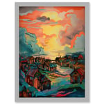 Atmospheric Clouds Over Mono Fishing Village Cabins at Dawn Modern Watercolour Painting Artwork Framed Wall Art Print A4