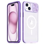 Rdyi6ba8 Clair Coque pour iPhone 15, Transparente Étui [Ne Jaunit Jamais] Protection de la Caméra Étui avec Coulisse Cache Objectif pour iPhone 15 - Violet