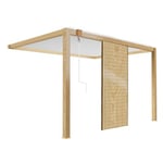 Pergola bioclimatique adossée 3 x 4 m blanc décor bois avec 1 claustra  Oviala