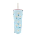 Hox 600ml Double Wall Stainless Steel Travel Soda Cup with Straw - Blue Floral Lily