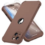 ORETECH 4 in 1 Silicone Case for iPhone 13 Case, with [2 x Tempered Glass Screen Protector] [Camera Protection] [Military Grade Protective] 360 Thin Slim Fit Bumper iPhone 13 Phone Case Cover - Brown