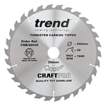 Trend Lame de scie circulaire TCT pour scies sur table CraftPro Rip, 250 mm x 30 dents x 30 mm alésage, pointe en carbure de tungstène, CSB/25030