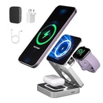 Kuject 3 in 1 Wireless Charging Station for iPhone, Adjustable Magnetic Wireless Charger, Foldable Travel Charging Stand Dock for iPhone 15/14/13/12 Series, AirPods, Apple Watch