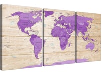 Large Purple Cream Map of the World Atlas Canvas Wall Art - Multi 3 Panel - 3312