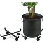 Relaxdays - Support roulant plantes, jeu de 2, rond, intérieur et extérieur, freins, Plateau roulant pots de fleurs, métal