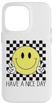 Coque pour iPhone 14 Pro Max Have a Nice Day, sourire rétro des années 70, visage souriant à carreaux