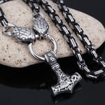 Dixinla Norse Mythology Thor's Hammer Gold-Plated Pendant Necklace Stainless Steel Flat Snake Black Locomotive Chain Between Kings, Protection Honor And Amulet of Strength,Silver,21.6 In 55 Cm