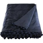 Ragged Rose 140 cm x 180 cm Throw Blanket - Pom Pom Throw Made of Cotton Velvet with Pompom Trims on Sides - Versatile Cotton Velvet Blanket for Sofa & Bed