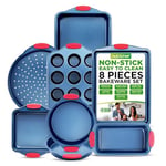 NutriChef Baking Tray Set, Oven Bakeware Trays, 8 Piece Non-Stick Oven Safe - Baking Sets, Includes: Cookie Sheets Pan, Loaf Pan, Pizza Pan, Muffin Tins, Cake Tin, Blue w/ Red Silicone Handles