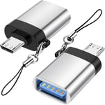 Adaptateur Micro USB vers USB 3.0 (Pack de 2) avec Lanière, Micro USB Mâle vers USB-A Femelle Adaptateur OTG Compatible avec Samsung S7 S6, Micro Appareils OTG, Clé Flash, Clavier (Argent)