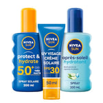 NIVEA SUN Routine haute protection solaire avec spray solaire Protect & Hydrate FPS 50+, Crème solaire UV VISAGE FPS 30 et après-soleil hydratant, Lot protection solaire pour tous types de peau