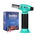 Sondiko Blow Torch S400, Refillable Kitchen Blow Torch, Fit All Butane Tanks Butane Torch with Safety Lock and Adjustable Flame for Desserts, Creme Brulee, and Baking (Butane Not Included), Cyan