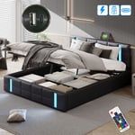 Lit coffre 160x200 cm, avec led, rangement, usb-a/c charge, sommier à lattes en bois, cadre en métal, moderne, lit adulte capitonné en Similicuir