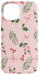 iPhone 15 Cute Pink Christmas Preppy Bow & Green Leaves Mistletoe Xmas Case