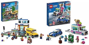 LEGO 60329 City School Day with Bus Toy & 60314 City Ice Cream Truck Police Chase Van Car Toy for Kids, Girls and Boys age 5 Plus Years Old with Splat Launcher & Interceptor Vehicle