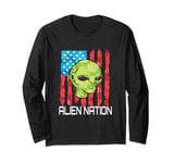 Funny Alien UFO USA Flag and Green Alien Head Long Sleeve T-Shirt