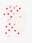 Petit Bateau Baby Hearts Organic Cotton Bodysuit with Cardigan & Trousers Set, Marshmallow/Terkuit