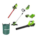 Greenworks 40V 30cm cordless trimmer, hedge trimmer, blower, grass collecting bag with 2Ah Battery/charger