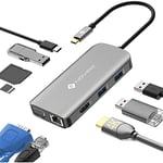 NOVOO 9 in1 USB Hub Multiport Adapter, USB Hub 3.0 with Ethernet, USB C to 4K HDMI & VGA, 3 USB 3.0 Ports, SD/TF Card Reader, 100W PD Power Port, Slim Data Hub for MacBook Pro, Air, XPS, Chromebook