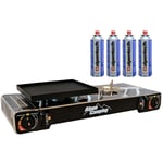 Alpen Camping - Réchaud 2 feux Gaz 4400W + Plancha Allumage piezo Portable alpen + 4 cartouches 250 gr butane