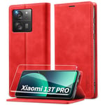 Lanhiem Coque Xiaomi 13T, Coque Xiaomi 13T Pro avec Verre Trempé, Etui en Cuir PU Premium, RFID Protection Portefeuille Housse pour Xiaomi 13T/Xiaomi 13T Pro Étui, Rouge