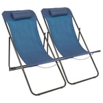 2x Matt Black/Navy Folding Metal Deck Chairs Garden Beach Camping Lounger