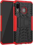 Double Couche 2 En 1 Hybride Couverture Blindée Robuste Defender Cover Avec Fonction Support Etui De Protection De Résistance Aux Chocs Pour Samsung Galaxy A30 / Samsung Galaxy A20 Rouge