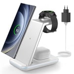 JoyGeek Station de Charge pour Samsung, 3 en 1 Chargeur Induction Para Samsung S24/S23/S22/S21/Z Flip/Fold, Chargeur sans Fil Para Galaxy Watch Ultra/7/6/5/4, Wireless Charger Para Galaxy Buds-Argent