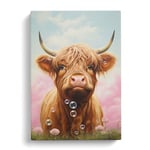 Highland Cow Bubble Gum Painting Canvas Print for Living Room Bedroom Home Office Décor, Wall Art Picture Ready to Hang, 30x20 Inch (76x50 cm)