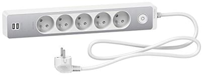 Schneider Electric - Rallonge multiprises 5 Prises 2P+T Blanche Finition Aluminium brossé 2 USB 1,5m, Blanc - ST935U1WA