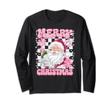 Pink Santa Claus Retro Merry Christmas Stars Candy Christmas Long Sleeve T-Shirt