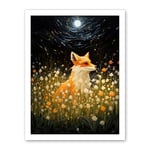 Artery8 Watching the Fireflies Dance Happy Fox over a Wildflower Meadow Oil Painting Orange White Blue Full Moon Spring Night Dreamy Landscape Artwork Framed Wall Art Print 18X24 Inch