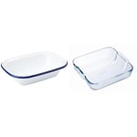 Zenker Enamel Large Pie Dish, Vintage Design, Suitable for Oven and Stove, Dishwasher Safe, Tray, Tin, Dimensions, 26x19.5x6cm, Colour, White, Blue, 687541 & Pyrex Glass Square Roaster, 25 x 21cm