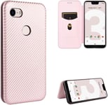 Compatible Avec Coque Google Pixel 3 Xl, Mince Flip Fibre De Carbone [Test De Chute] Antichoc Stand Fente Avec Carte, Protecteur D'écran En Verre Trempé*2-Or Rose