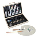 relaxdays Coffret Peinture en Bois, Valise, Set, 18 Tubes, Palette, pinceaux, Huile, Couteau à Peindre, Godet, Nature