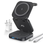 AC Island 5 in 1 Wireless Charging Station, Foldable Mag-safe Charger Stand, Travel Wireless Charger for iPhone 16/15/14/13/12 Series, Apple Watch S1-9/Ultra 2, for Airpods 3/2/Pro (Black)