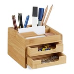 Relaxdays Organiseur de bureau bambou distributeur de bureau porte-stylos 2 tiroirs HxlxP: 9,5 x 12,5 x 15 cm, nature